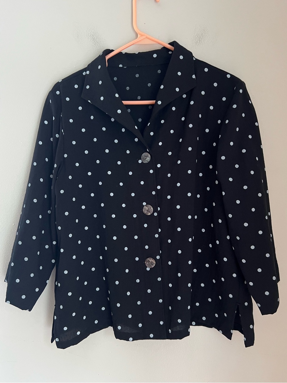 Fridaze 100% Linen Shirt Jacket Women’s S Black Polka Dot 3/4 Sleeve Collared